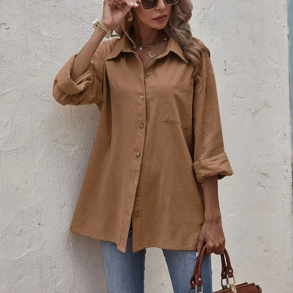 Classic Mocha Brown Button up Oversized Boyfriend Top - Picture 2 of 12